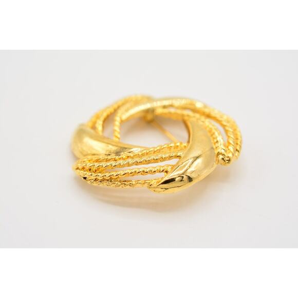 Vintage Round Pin Brooch Wreath Shiny Yellow Gold Tone Chunky Retro 1980s BinAC - Picture 5 of 12